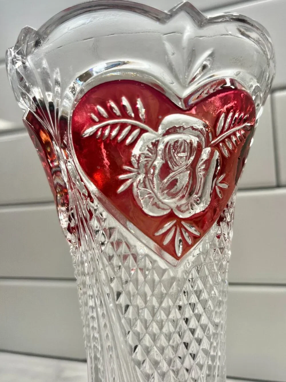 Vintage Enesco Lead Crystal Colored Heart Rose Vase, 8”H